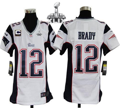 Nike Patriots 12 Brady White C Patch 2015 Super Bowl XLIX Youth Game Jerseys