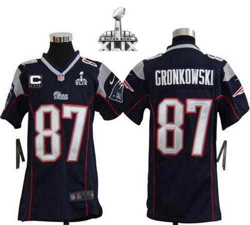 Nike Patriots 87 Gronkowski C Patch Blue 2015 Super Bowl XLIX Youth Game Jerseys