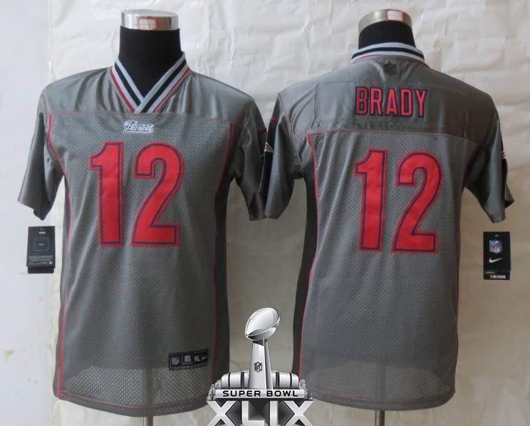 Nike Patriots 12 Brady Grey Vapor 2015 Super Bowl XLIX Youth Jerseys