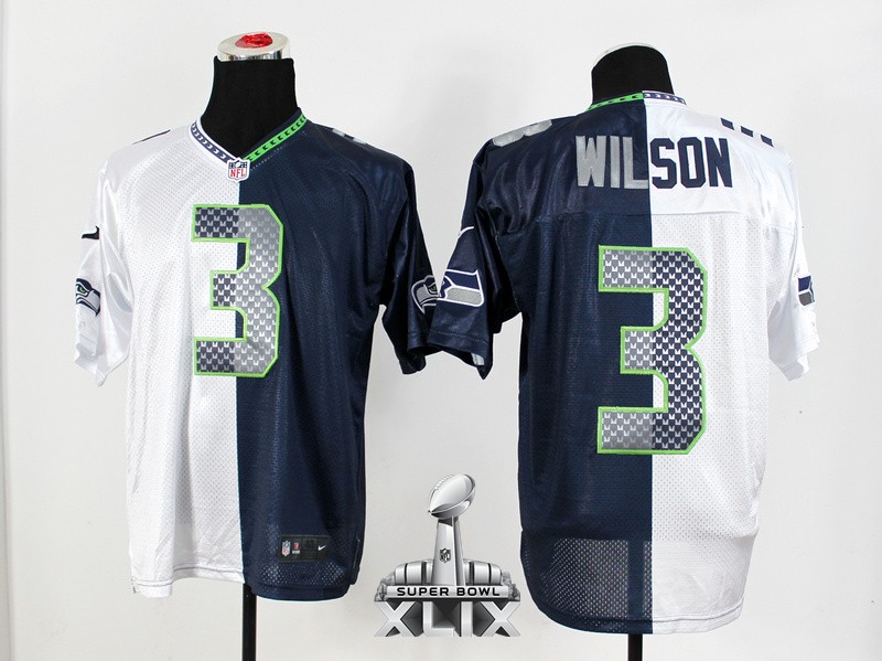 Nike Seahawks 3 Wilson White And Blue Split Elite 2015 Super Bowl XLIX Jerseys