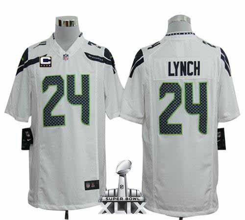 Nike Seahawks 24 Lynch White Game C Patch 2015 Super Bowl XLIX Jerseys