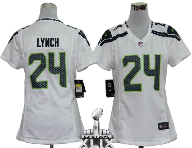 Nike Seahawks 24 LYNCH White Women Game 2015 Super Bowl XLIX Jerseys