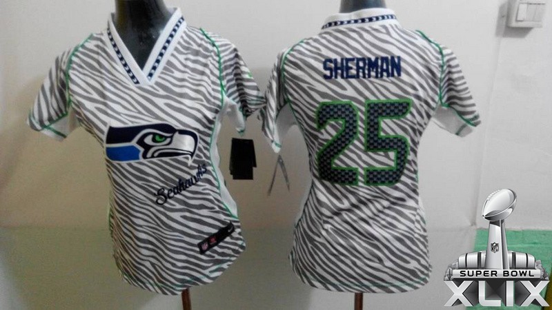 Nike Seahawks 25 Sherman Women Zebra 2015 Super Bowl XLIX Jerseys