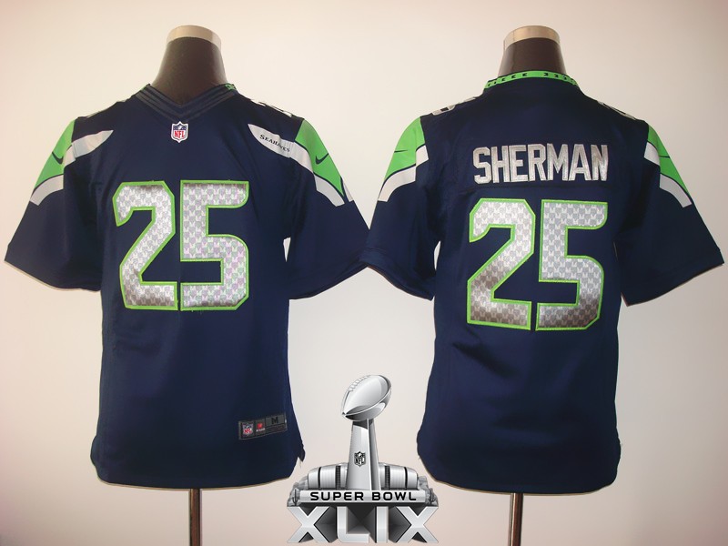 Nike Seahawks 25 Sherman Blue Youth Limited 2015 Super Bowl XLIX Jerseys