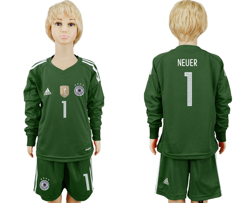 Germany 1 NEUER Green Goalkeepe 2018 FIFA World Cup Youth Long Sleeve Soccer Jersey