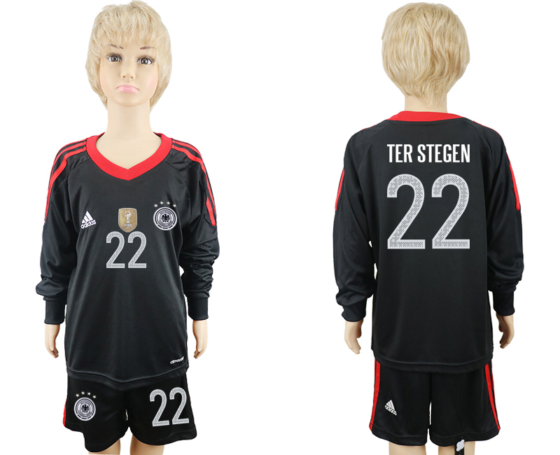 Germany 22 TER STEGEN Black Goalkeeper 2018 FIFA World Cup Youth Long Sleeve Soccer Jersey