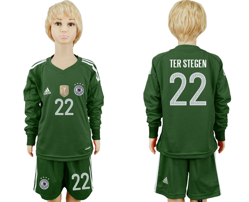 Germany 22 TER STEGEN Green Goalkeeper 2018 FIFA World Cup Youth Long Sleeve Soccer Jersey