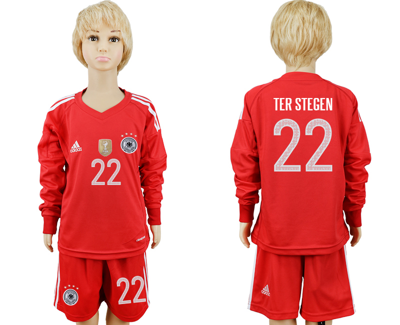Germany 22 TER STEGEN Red Goalkeeper 2018 FIFA World Cup Youth Long Sleeve Soccer Jersey