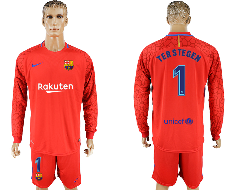 2017-18 Barcelona 1 TER STEGEN Red Goalkeeper Long Sleeve Soccer Jersey