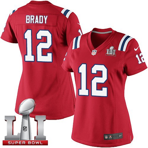 Nike Patriots 12 Tom Brady Red Women 2017 Super Bowl LI Game Jersey