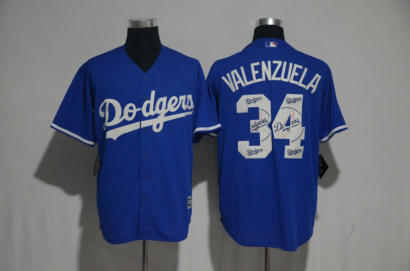 Dodgers 34 Fernando Valenzuela Blue Team Logo Print Cool Base Jersey