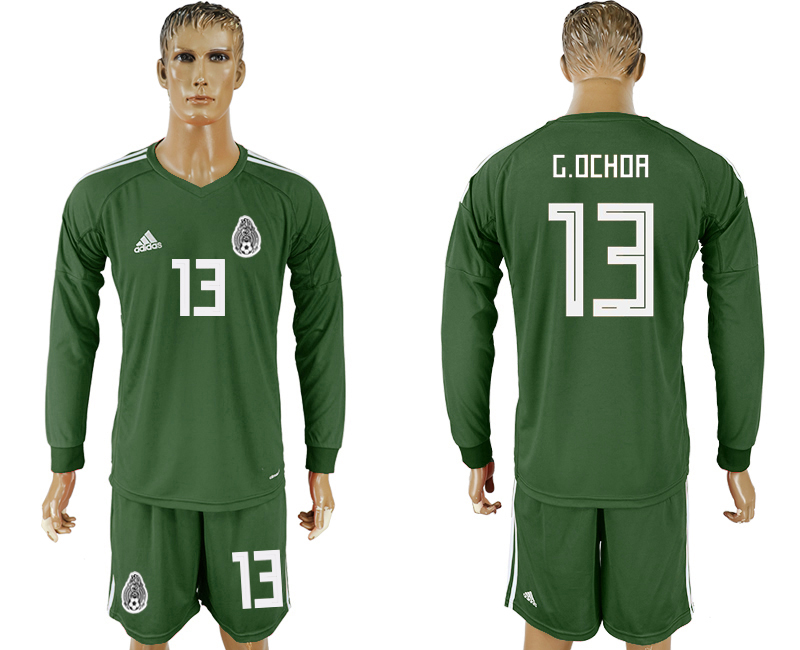 Mexico 13 G.OCHOA Military Green Goalkeeper 2018 FIFA World Cup Long Sleeve Soccer Jersey