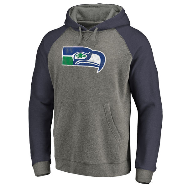 Men's Seattle Seahawks NFL Pro Line by Fanatics Branded Gray/Navy Throwback Logo Tri Blend Raglan Pullover Hoodie