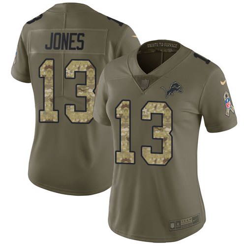 Nike Lions 13 TJ Jones Olive Camo Women Salute To Service Limited Jersey