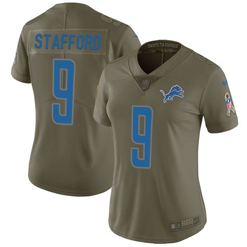 Nike Lions 9 Matthew Stafford Olive Women Salute To Service Limited Jersey
