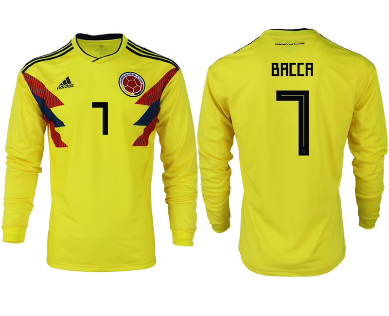 Colombia 7 BACCA Home 2018 FIFA World Cup Long Sleeve Thailand Soccer Jersey