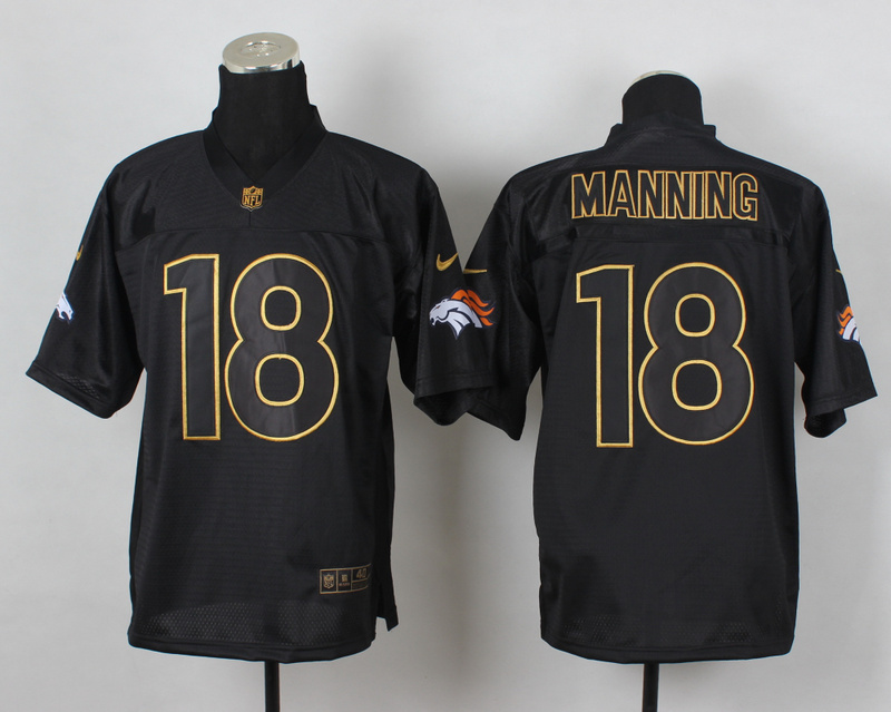 Nike Broncos 18 Peyton Manning Black Pro Gold Lettering Elite Jersey