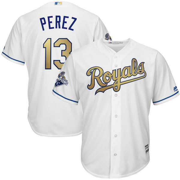 Royals 13 Salvador Perez White Youth 2015 World Series Champions New Cool Base Jersey