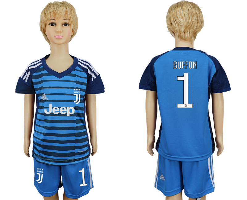 2017-18 1 BUFFON Juventus Lake Blue Youth Goalkeeper Soccer Jersey