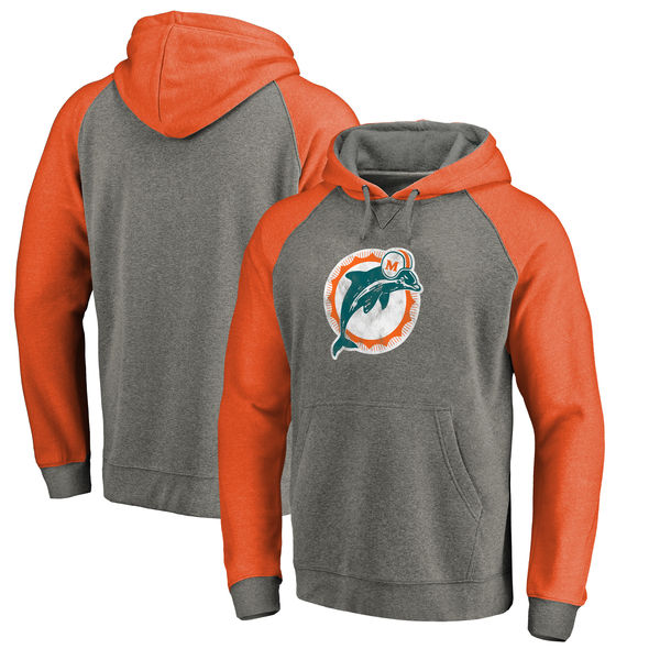 Miami Dolphins NFL Pro Line by Fanatics Branded Throwback Logo Tri-Blend Raglan Pullover Hoodie Gray/Orange