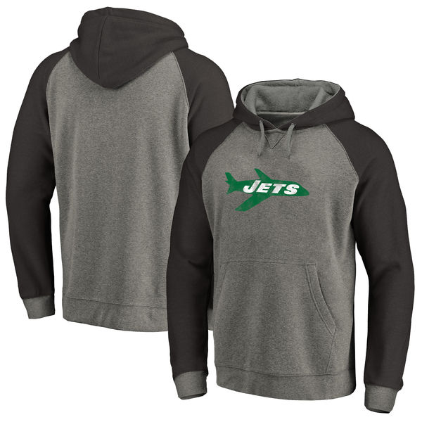 New York Jets NFL Pro Line by Fanatics Branded Throwback Logo Tri-Blend Raglan Pullover Hoodie Gray/Black