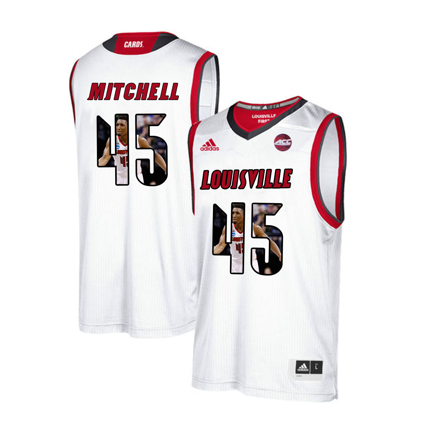 Louisville Cardinals 45 Donovan Mitchell White With Portrait Print College Basketball Jersey