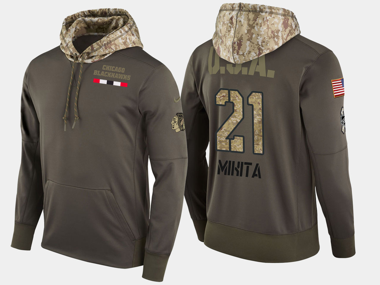 Nike Blackhawks 21 Stan Mikita Retired Olive Salute To Service Pullover Hoodie