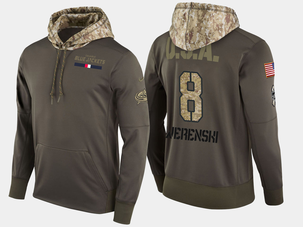 Nike Blue Jackets 8 Zach Werenski Olive Salute To Service Pullover Hoodie