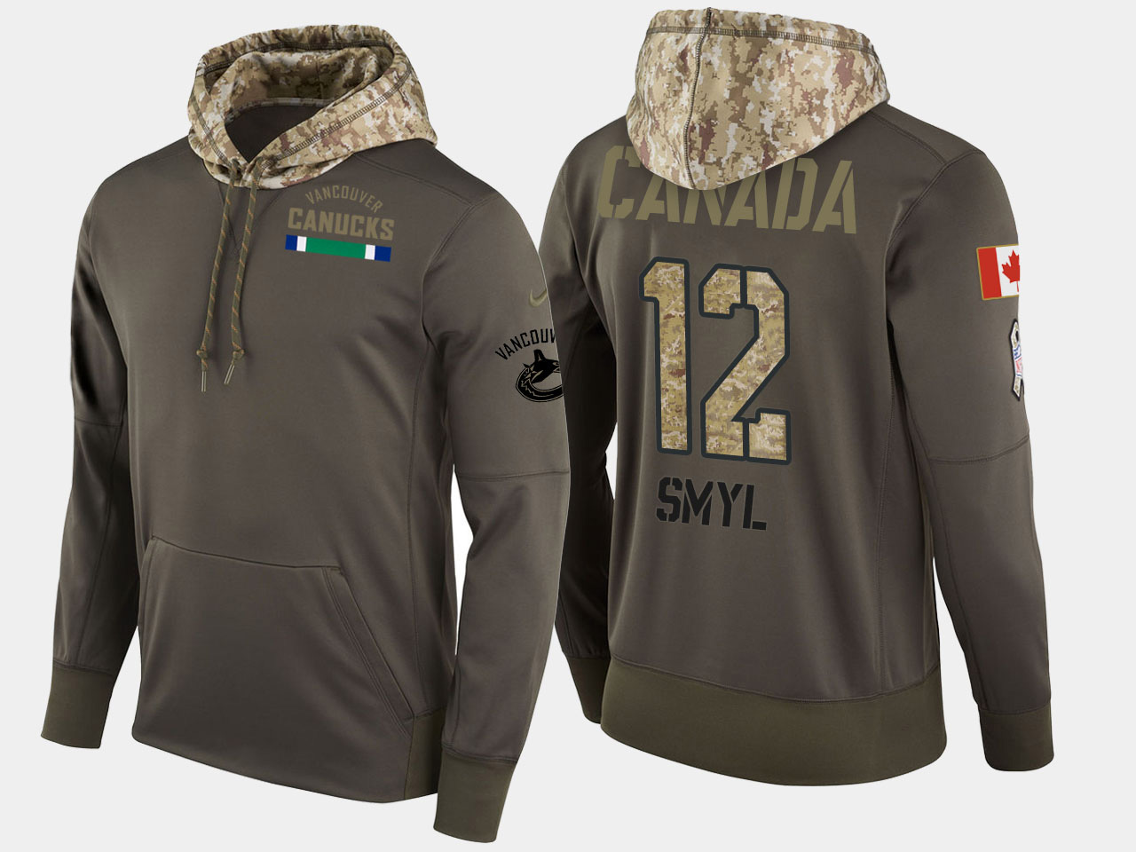 Nike Canucks 12 Stan Smyl Retired Olive Salute To Service Pullover Hoodie