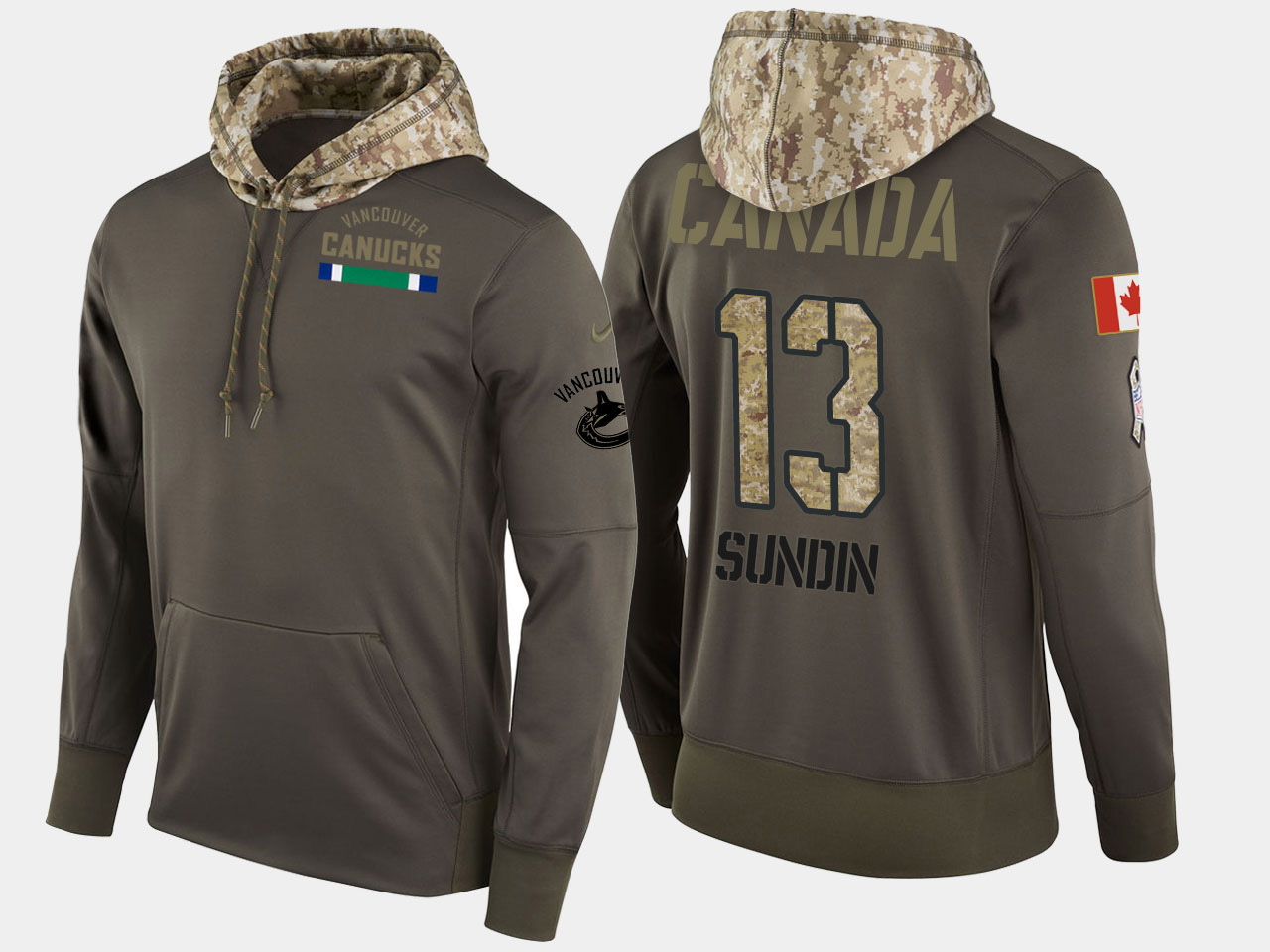 Nike Canucks 13 Mats Sundin Retired Olive Salute To Service Pullover Hoodie