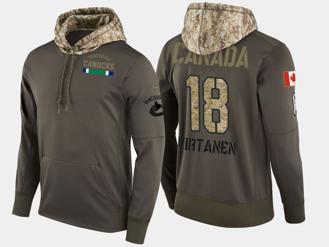 Nike Canucks 18 Jake Virtanen Olive Salute To Service Pullover Hoodie