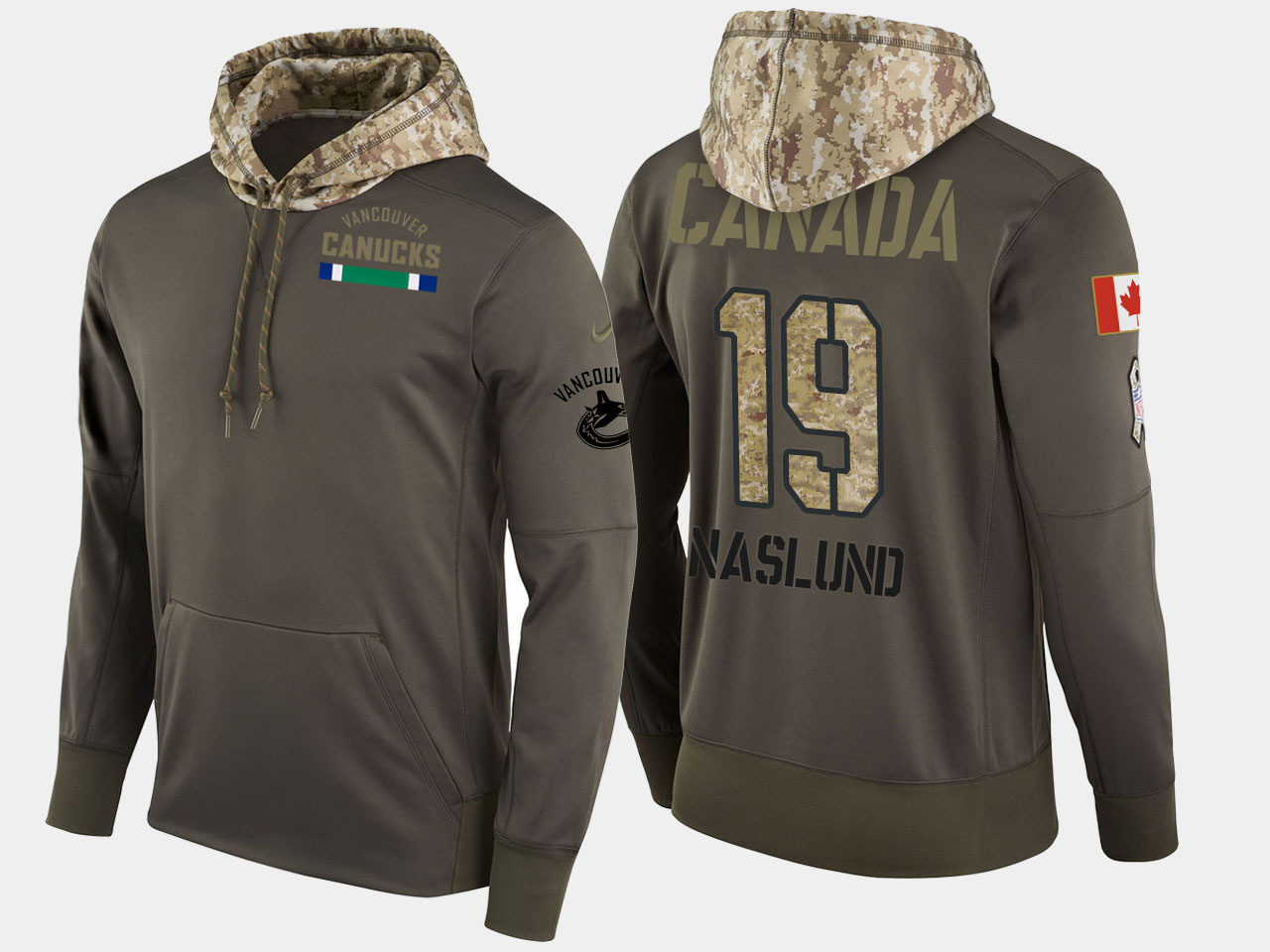 Nike Canucks 19 Markus Naslund Retired Olive Salute To Service Pullover Hoodie
