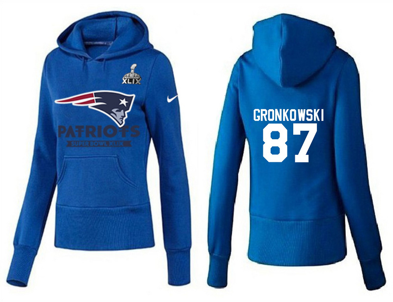 Nike Patriots 87 Gronkowski Blue 2015 Super Bowl XLIX Women Pullover Hoodies