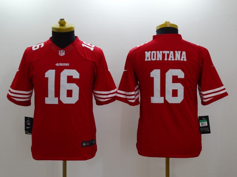 Nike 49ers 16 Montana Red Kids Limited Jerseys