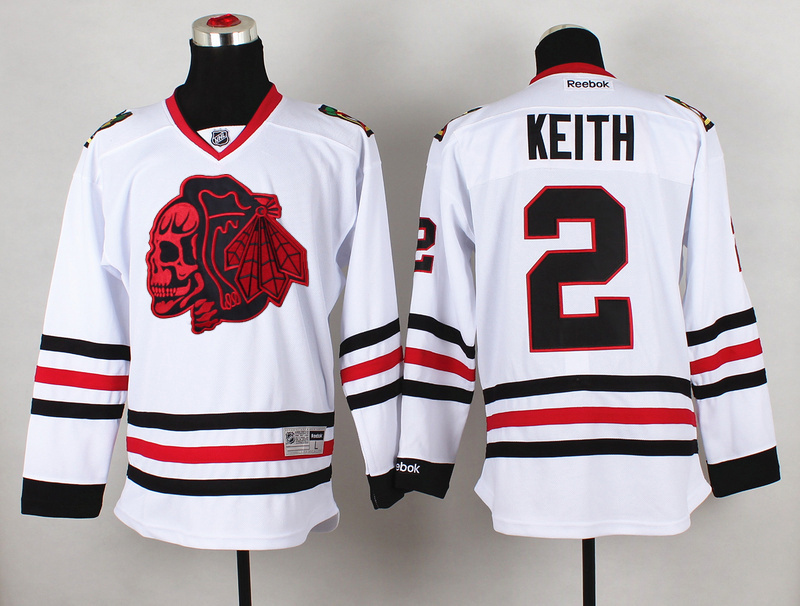 Blackhawks 2 Keith White Reebok Jersey(With Red Skull)