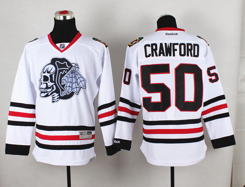 Blackhawks 50 Crawford White Reebok Jersey(With White Skull)