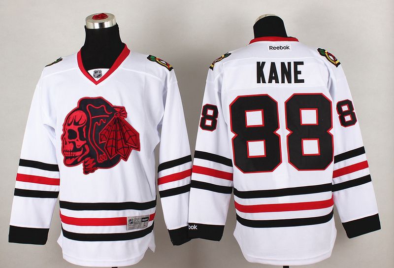 Blackhawks 88 Kane White Reebok Jersey(With Red Skull)