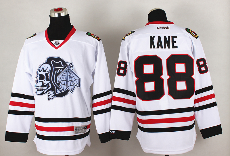 Blackhawks 88 Kane White Reebok Jersey(With White Skull)