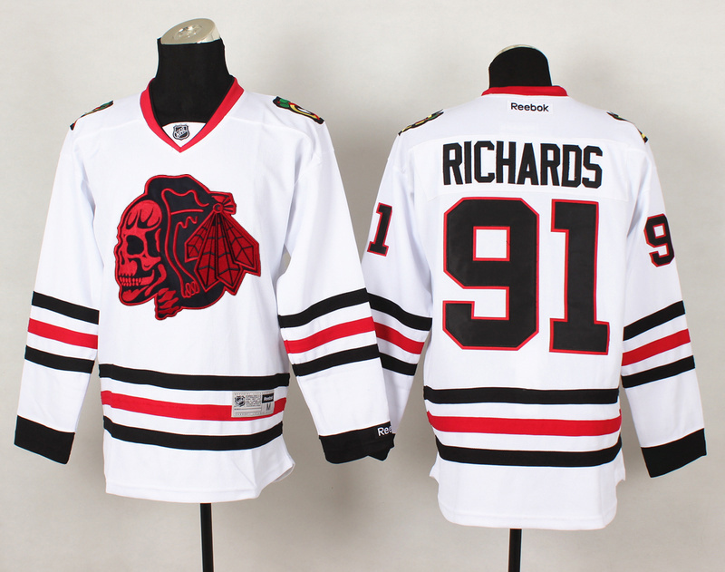 Blackhawks 91 Richards White Reebok Jersey(With Red Skull)