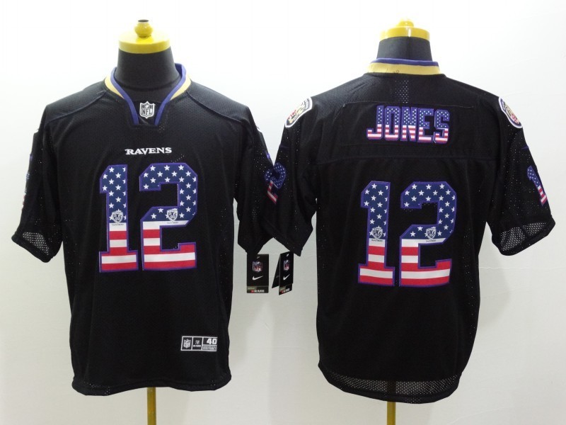 Nike Ravens 12 Jones USA Flag Fashion Black Elite Jerseys