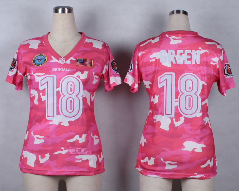 Nike Bengals 18 Green Pink Camo With USA Flag Patch Women Jerseys