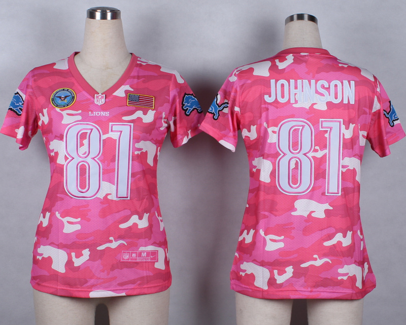 Nike Lions 81 Johnson Pink Camo With USA Flag Patch Women Jerseys