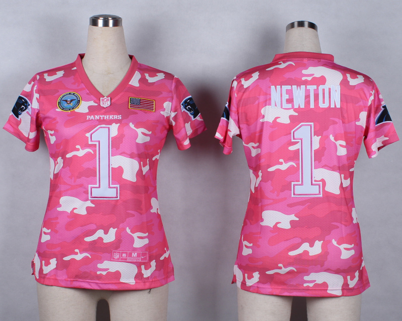 Nike Panthers 1 Newton Pink Camo With USA Flag Patch Women Jerseys