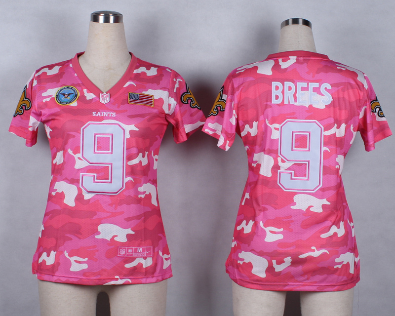 Nike Saints 9 Brees Pink Camo With USA Flag Patch Women Jerseys