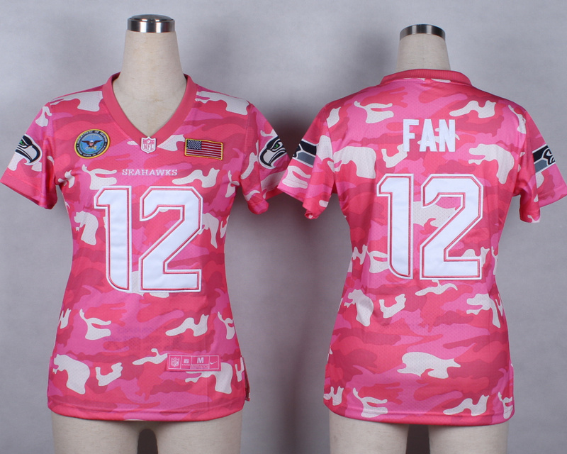 Nike Seahawks 12 Fan Pink Camo With USA Flag Patch Women Jerseys