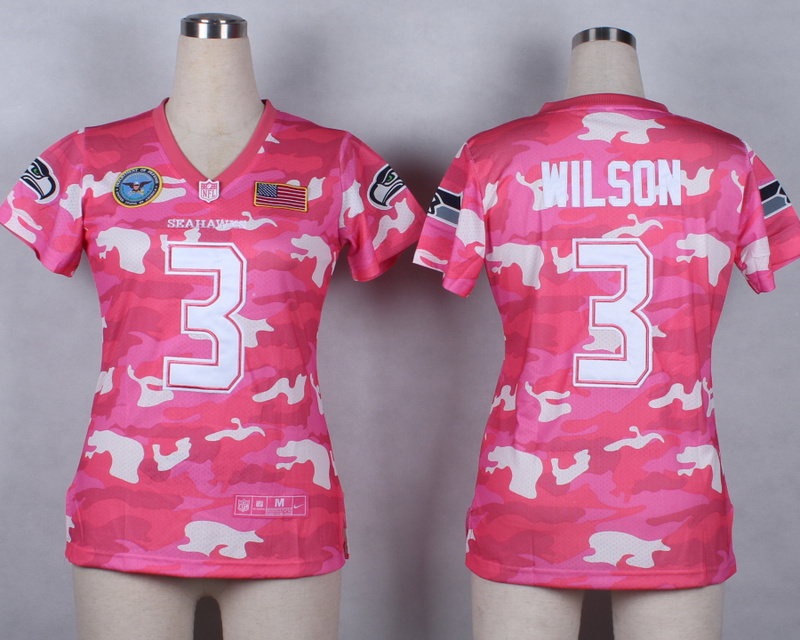 Nike Seahawks 3 Wilson Pink Camo With USA Flag Patch Women Jerseys