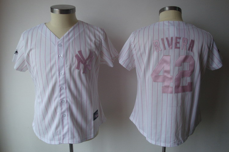Yankees 42 Rivera White Pink Stripe Women Jersey