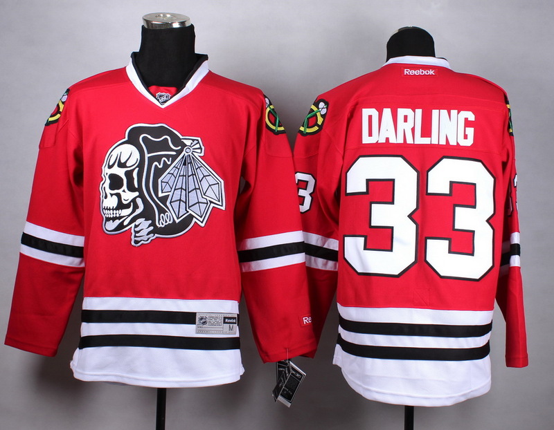 Blackhawks 33 Darling Red With White Skull Jersey