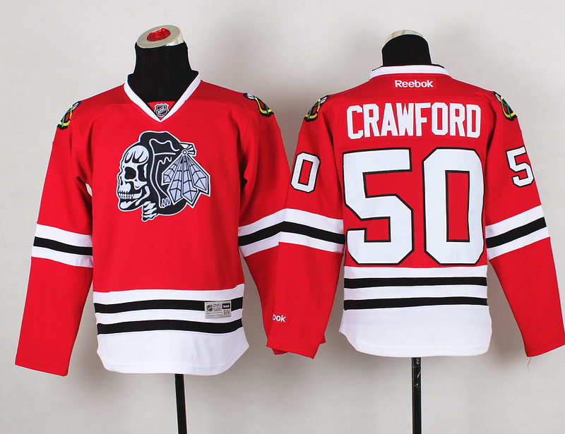 Blackhawks 50 Crawford Red Youth Jersey(With White Skull)