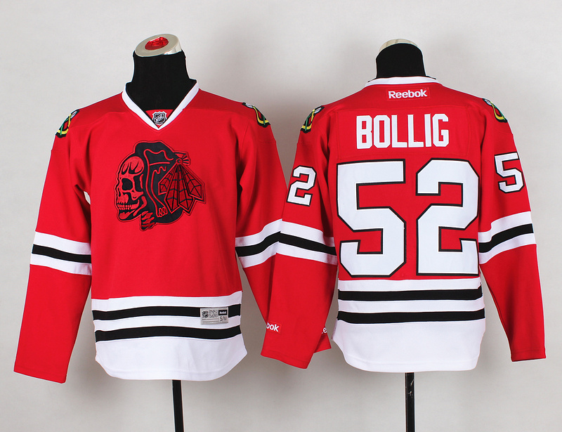 Blackhawks 52 Bollig Red Youth Jersey(With Red Skull)